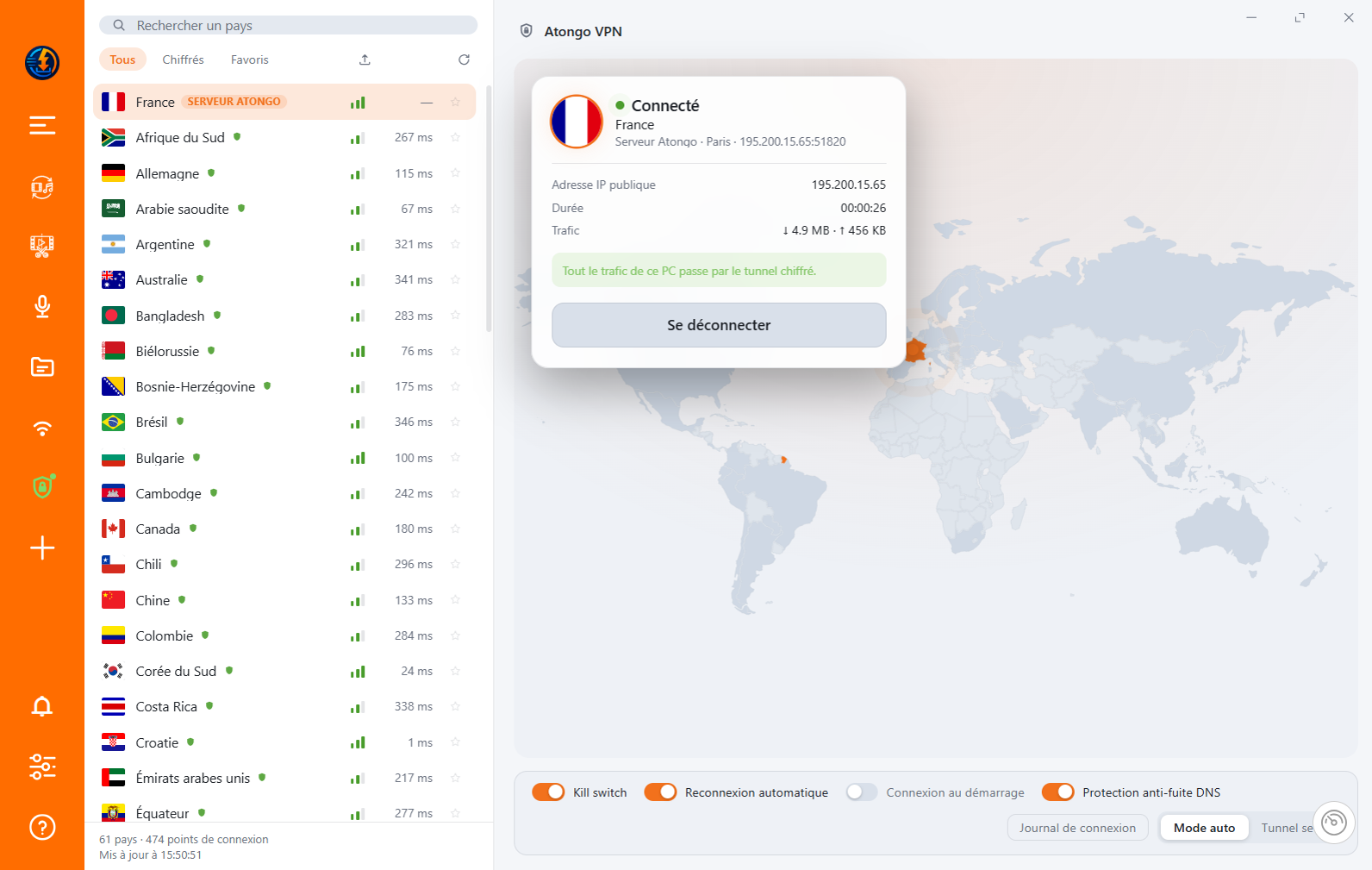 Atongo — VPN connecté, carte et compteurs de trafic