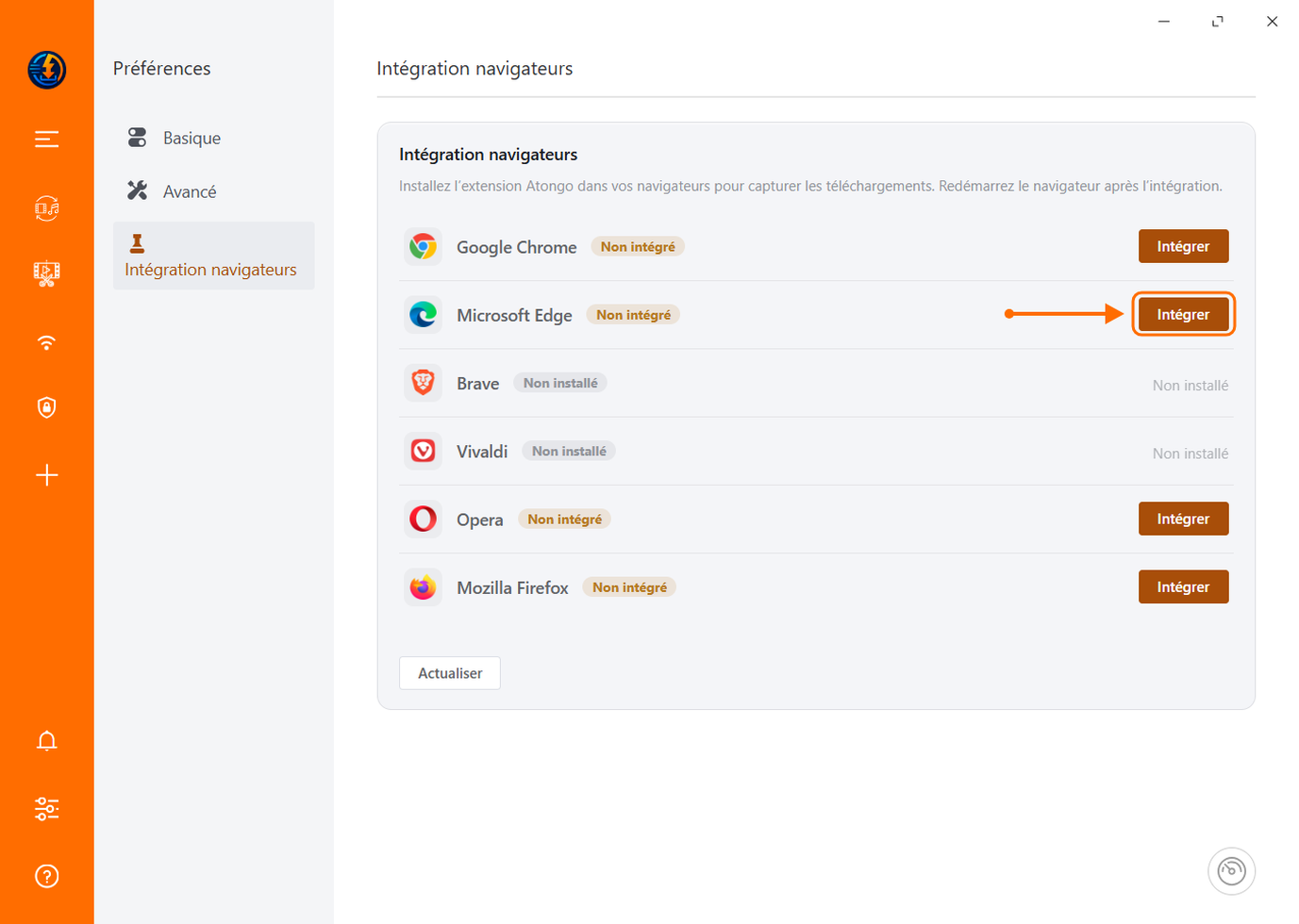 Panneau Intégration navigateurs d'Atongo, le bouton Intégrer de Microsoft Edge mis en évidence