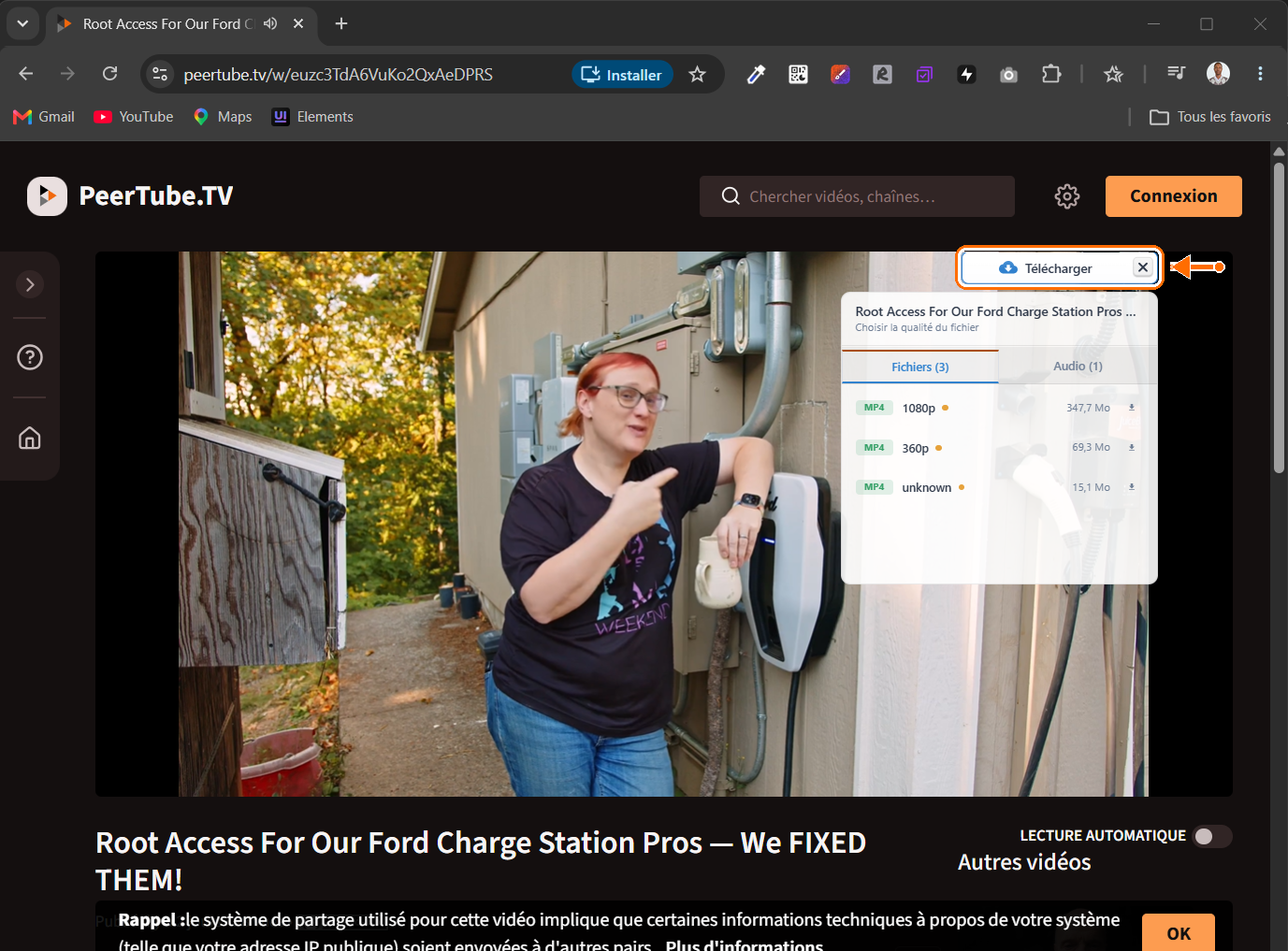 Bouton Télécharger ajouté par l'extension Atongo sur une page vidéo