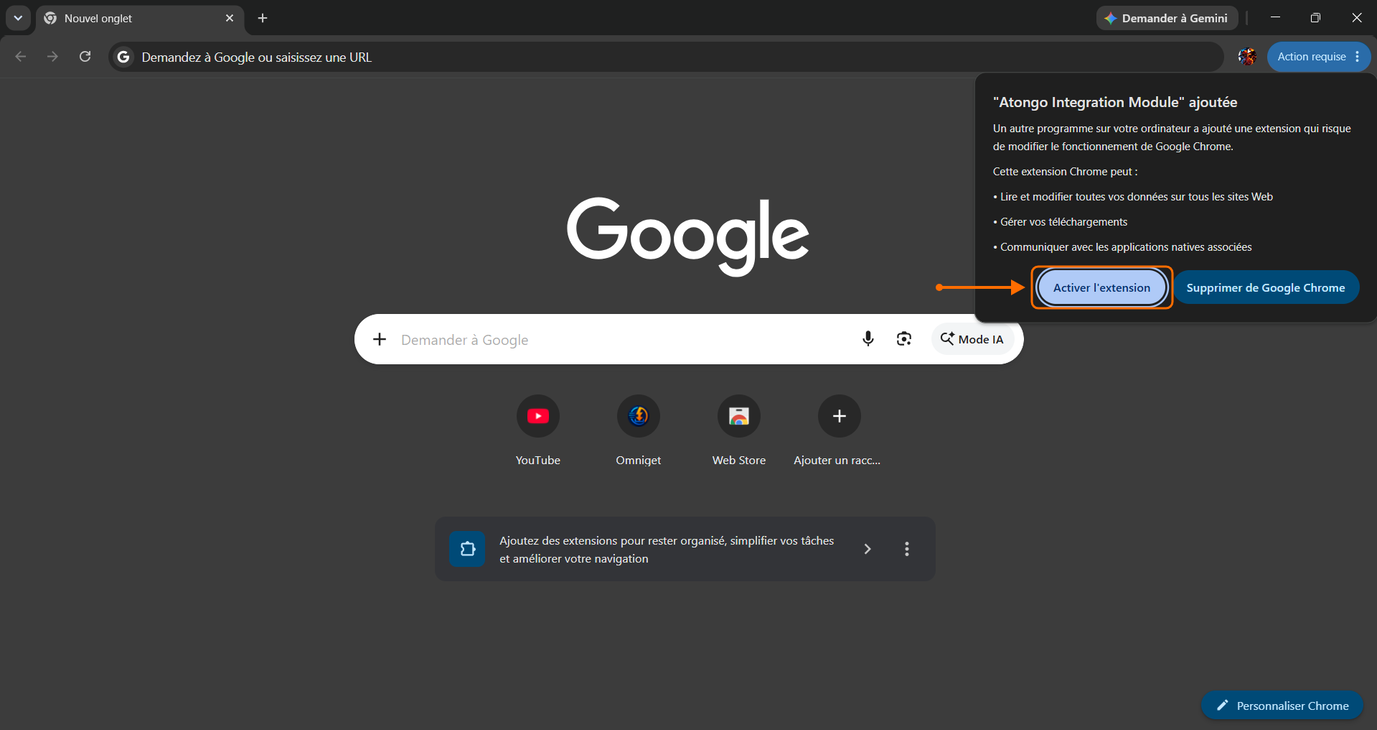 Bannière de Google Chrome proposant d'activer l'extension Atongo