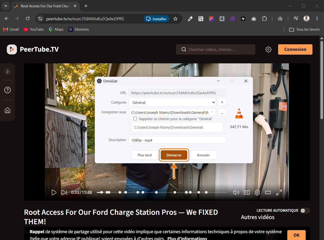 Fenêtre Atongo reprenant l'URL du média, le bouton Démarrer mis en évidence