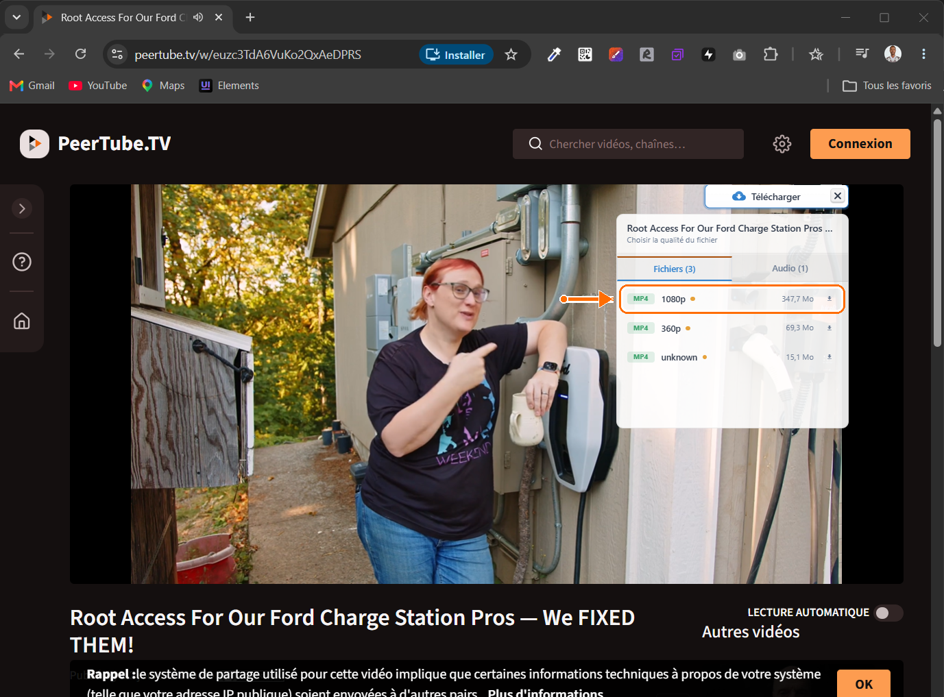 Liste des flux disponibles, la ligne 1080p mise en évidence